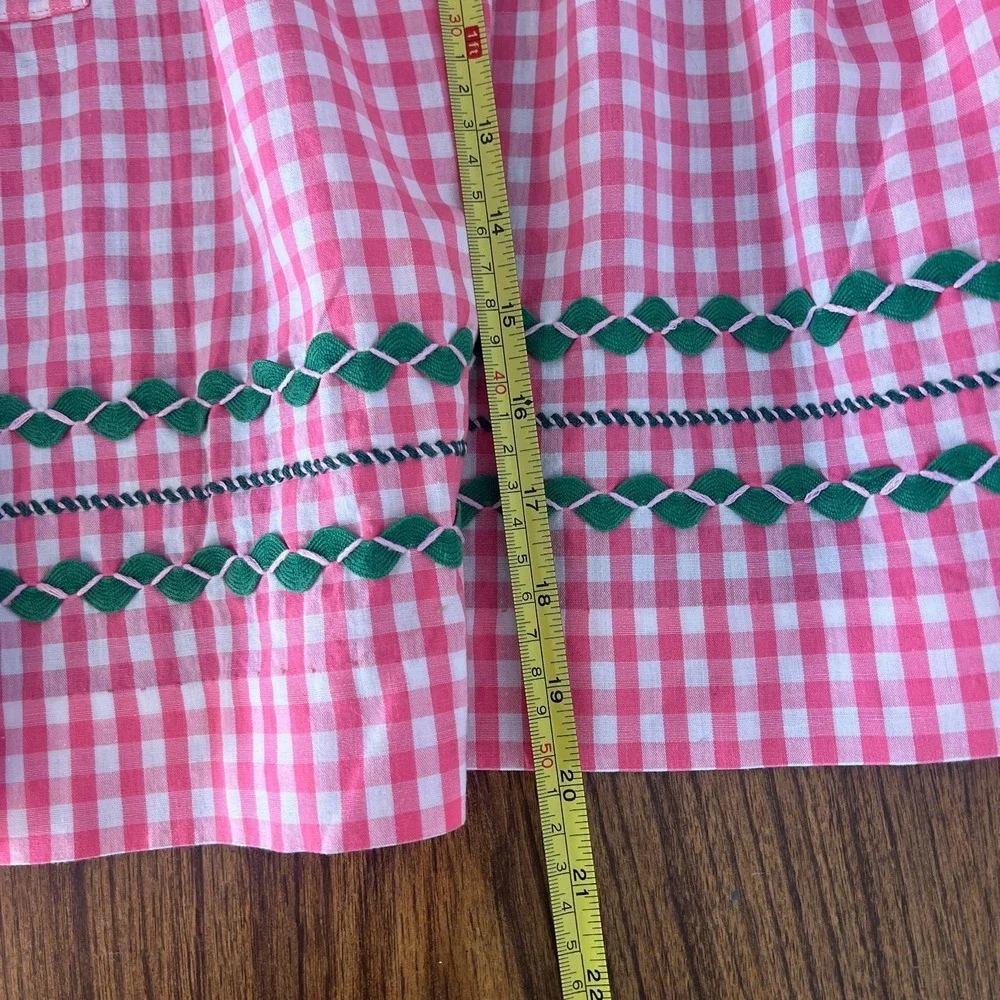 Vtg Pink & White Gingham Check Apron w/ Hand Stitched Embroidery Rick Rack Trim